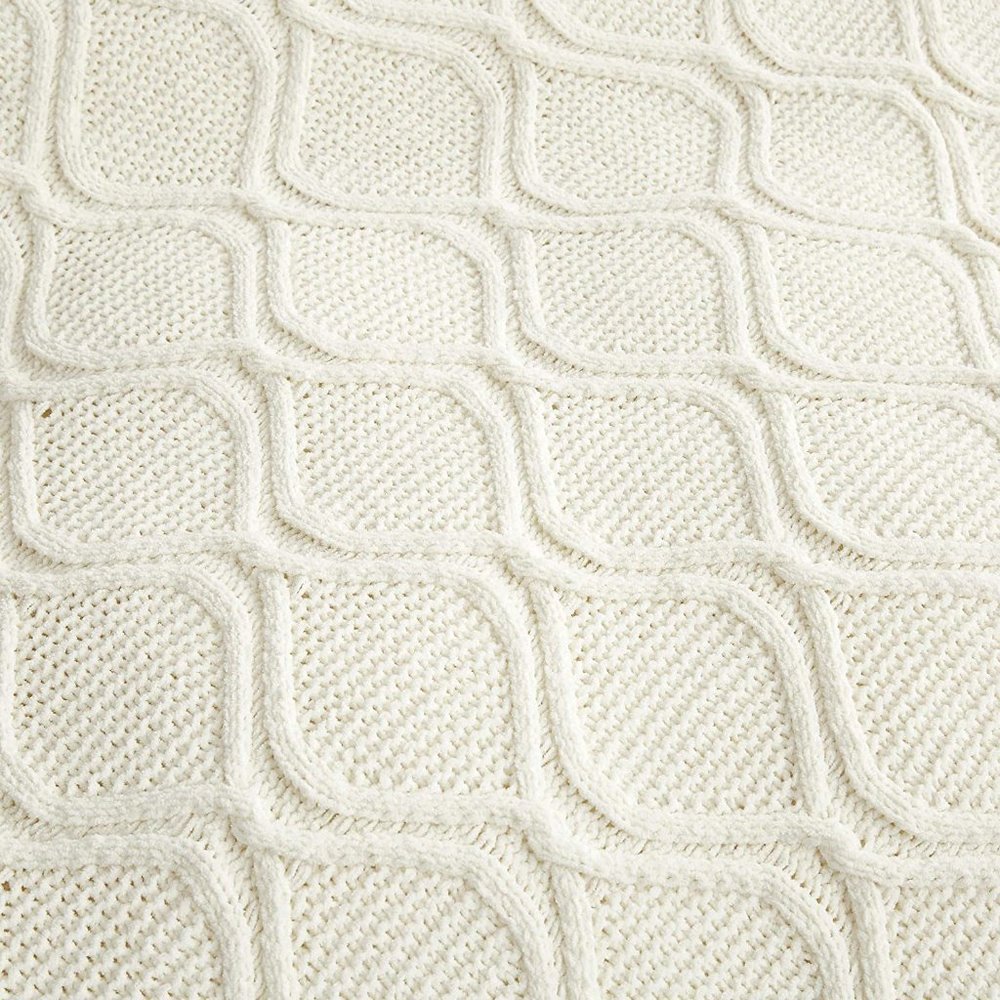 Oversized Cable Knit Sherpa Chenille Blanket White - Picture 8 of 9